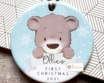 Personalised Christmas gift  Baby Babies Baby’s First Christmas Boy Girl Newborn Bear Design Ceramic or Acrylic Round Ornament Keepsake