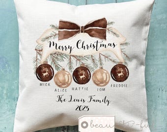 Personalised Christmas Family cushion Wreath Bauble Family gift Foliage Greenery Home Quote Linen Style Cushion cover