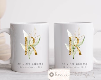 Personalised Wedding gift Mr & Mrs Bride Groom Just Married Gift Mug Greenery Wreath Gift set Ceramic Mug Tea mug coffee Mug Gift mug