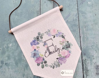 Personalised Name Lilac floral Design Home Quote Linen Style Pennant Flag Room Decor