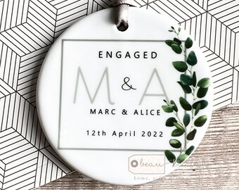 Personalised Engaged Engagement gift Future Mrs Mr Foliage Greenery Ceramic or Acrylic round Decoration Ornament Keepsake