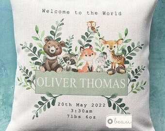 Personalised New Baby Boy Gift Woodland Animals Design Home Quote Linen Style Cushion cover - Newborn  Birth - Baby Godson Nephew Grandson