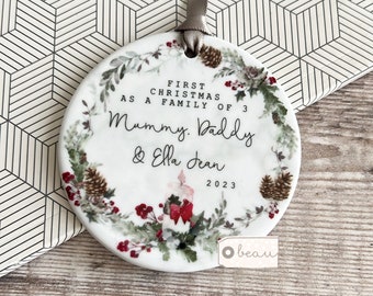 Personalised First Christmas Gift New Family of 3 4 5 Mummy Daddy New Baby Holly Pinecone Candle Ceramic or Acrylic Round Ornament Keepsake