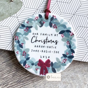 Personalised Christmas Family gift Tree decoration Foliage Wreath Greenery Design Ceramic or Acrylic Round Ornament Keepsake