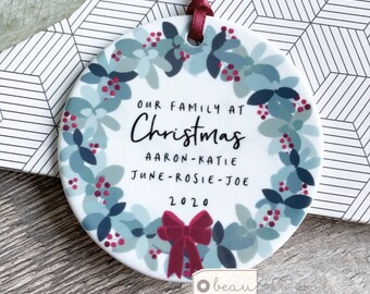Personalised Christmas Family gift Tree decoration Foliage Wreath Greenery Design Ceramic or Acrylic Round Ornament Keepsake