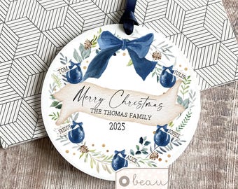 Personalised Family Christmas gift Baubles Greenery Design Acrylic or ceramic Round Ornament Keepsake Tree Bauble decoration Wreath navy
