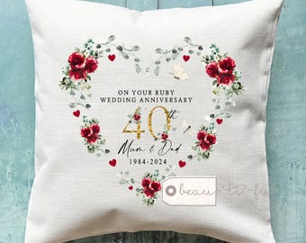 Personalised Ruby Wedding anniversary gift, Ruby Anniversary, Personalised gift, 40th Anniversary gift, floral Home Linen Style Cushion