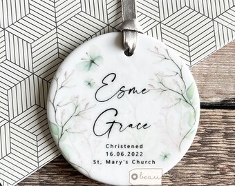 Personalised Christening Baptism Baby Boy Girl Butterfly Floral Design Ceramic Round Ornament Keepsake