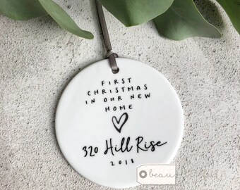 Personalised First Christmas at Address New Home Monochrome heart Design Ceramic Round Ornament Keepsake
