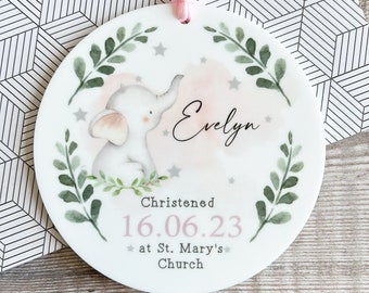 Personalised Christening Baptism Gift Baby Boy Girl Elephant Greenery Design Ceramic or Acrylic Round Ornament Keepsake