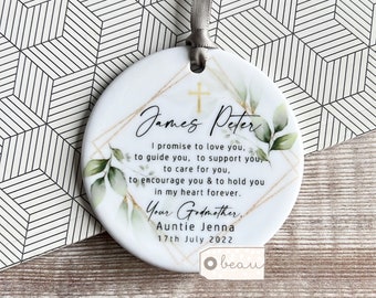 Personalised Promise to Godchild Christening Baptism Baby Boy Girl Geometric Greenery Design Ceramic or Acrylic Round Ornament Keepsake