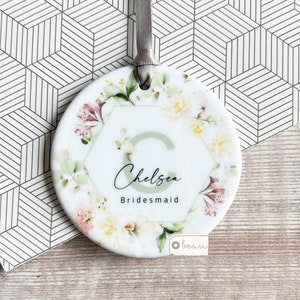 Personalised Bridal party gift Bridesmaid Flower Girl Maid of Honour Floral Ceramic or Acrylic Round Decoration Ornament Wedding Keepsake