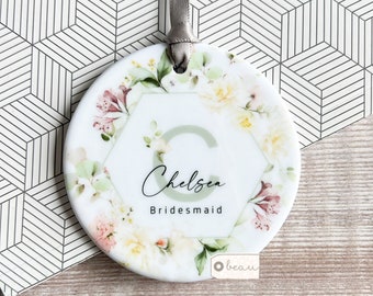 Personalised Bridal party gift Bridesmaid Flower Girl Maid of Honour Floral Ceramic or Acrylic Round Decoration Ornament Wedding Keepsake