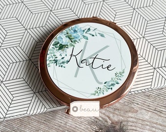Personalised Name pale blue floral Round Rose Gold Compact Pocket Mirror Keepsake