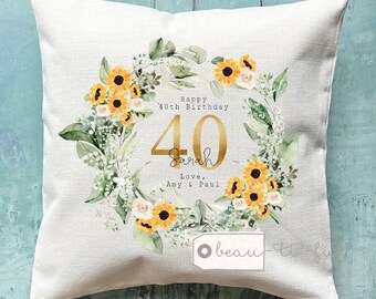 Personalised Happy Birthday Gift Age Milestone  18 21 30 40 50 60 70 80 90 Name Sunflower Floral Design Home Quote Linen Style Cushion cover