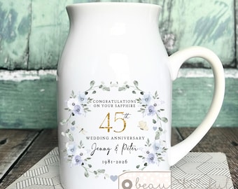 Personalised Sapphire Wedding Anniversary gift 45th 45 Ruby Silver Golden Diamond Anniversary gift Floral Ceramic Small Vase Jug Mug married