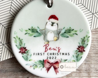 Personalised 1st First Christmas Penguin Santa hat Signpost Acrylic or ceramic Round Ornament Keepsake Tree Decoration gift