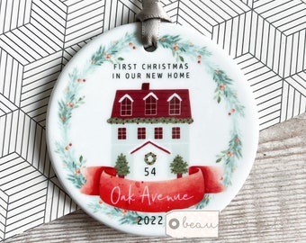 Personalised First Christmas at Address in New Home House wreath Design Acrylic or Ceramic Round Ornament Keepsake
