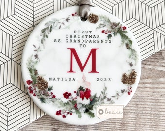 Personalised First Christmas as Grandparents Gran Grandma Nanna New Baby Holly Pinecone candle Ceramic or Acrylic Round Ornament Keepsake