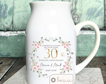 Personalised Wedding Anniversary gift Pearl 30th 30 Ruby Silver Diamond Ruby Anniversary Married gift Floral Ceramic Small Vase Jug Mug