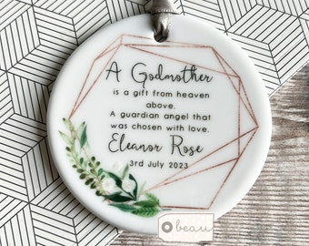 Personalised Christening Baptism gift Thank you Gift Godmother Godfather Godparents Greenery Ceramic or Acrylic Round Ornament Keepsake