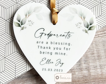 Personalised Godmother Godfather Godparents Gift Thank you Christening Baptism Quote Greenery Acrylic Heart Keepsake Ornament