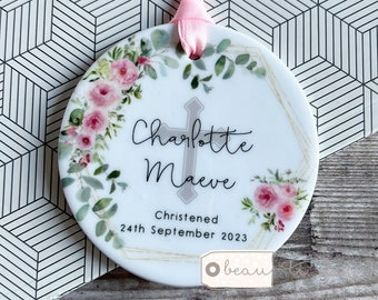 Personalised Christening Baptism Gift Baby Boy Girl Godchild Godparent gift Pink Floral Design Ceramic or Acrylic Round Ornament Keepsake