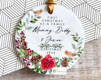 Personalised First Christmas as a family Mummy Daddy New Baby Robin Greenery Design Ceramic or Acrylic Round Ornament Keepsake
