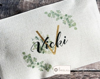 Personalised Name Eucalyptus Design Linen style Fabric Make up Bag Birthday gift for her mum sister friend