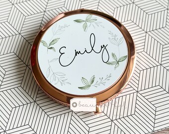 Personalised Name Greenery Wreath Round Rose Gold Silver Compact Pocket Mirror Keepsake Bridesmaid Gift
