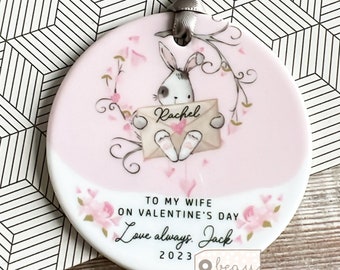 Personalised To my Wife Husband Fiancé Fiancée Boyfriend Girlfriend Valentine’s Gift Bunny Heart Ceramic Round Decoration Ornament Keepsake