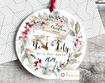 Personalised First Christmas Married Wedding gift as Mr Mrs Gift Newlywed wreath Greenery Ceramic or acrylic Round Ornament Keepsake