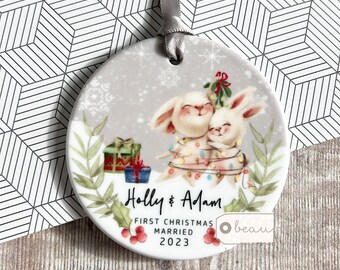 Personalised 1st First Christmas Married Together Married Engaged Engagement gift as Mr Mrs Greenery Acrylic or ceramic Ornament Keepsake