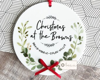 Personalised Christmas Gift bauble Family Greenery Botanical leaf Design Ceramic or Acrylic Round Ornament Keepsake