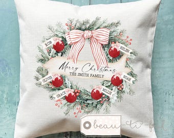 Personalised Christmas Family cushion Wreath Bauble Family gift Foliage Greenery Home Quote Linen Style Cushion cover