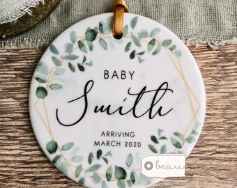 Personalised Pregnancy reveal Pregnant Announcement New Baby Boy Girl Geometric Greenery Design Ceramic or acrylic Round Ornament Keepsake