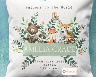 Personalised New Baby Girl Gift Woodland Animals Design Home Quote Linen Style Cushion cover - Newborn - Birth - Baby Girl Niece Goddaughter