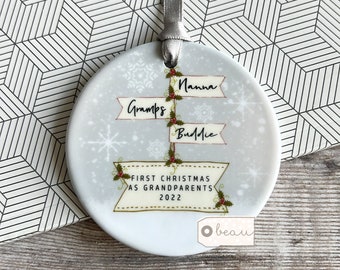 Personalised First Christmas as Grandparents Gran Grandma Nanna  Snowflake Signpost Design Ceramic or Acrylic Round Ornament Keepsake