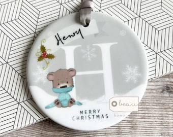 Personalised Merry Christmas Gift Child Boy Girl Bear Snowflake Ceramic and Acrylic Round Tree Decoration Ornament Keepsake Christmas gift