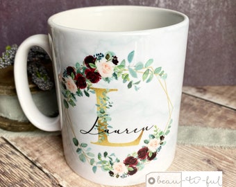 Personalised Name and initial Burgundy geometric greenery Mug - Coffee Mug - Tea Mug - Bridesmaid gift - Friend Gift