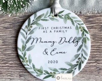Personalised First Christmas as a family gift Mummy Daddy New Baby Botanical Greenery Design Ceramic or Acrylic Round Ornament Keepsake