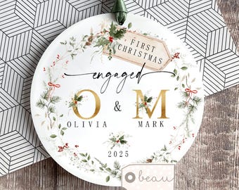 Personalised First Christmas Engaged ornament Together Engagement gift Engaged Anniversary gift wreath Greenery Ornament Keepsake