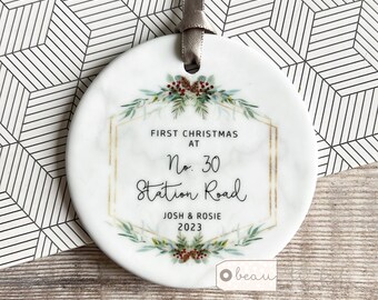 Personalised First Christmas at Address New Home gift Eucalyptus Pinecone Greenery Ceramic or acrylic Round Ornament Keepsake decoration