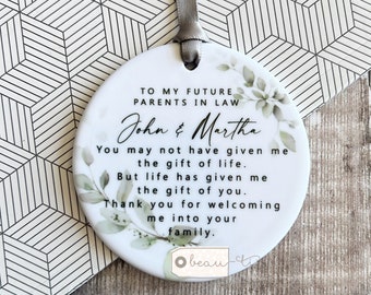 Personalised Future Wonderful Mother parents in law Wedding gift Foliage Greenery Ceramic or Acrylic Round Decoration Ornament Keepsake