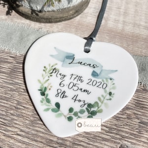 Personalised New Baby Boy Girl Newborn Botanical greenery Design Ceramic heart Ornament Keepsake