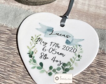 Personalised New Baby Boy Girl Newborn Botanical greenery Design Ceramic heart Ornament Keepsake