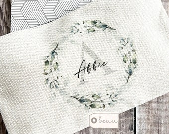 Personalised Name Greenery Wreath Design Linen style Fabric Make up Bag Birthday gift for her mum sister friend