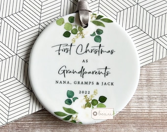 Personalised First Christmas as Grandparents Gran Grandma Nanna New Baby Botanical Greenery Design Ceramic Round Ornament Keepsake