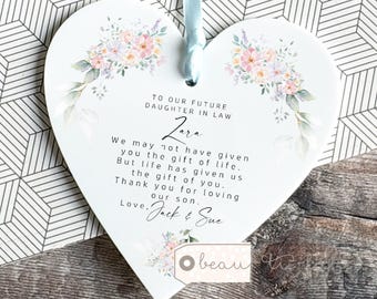 Personalised Future Wonderful Daughter in law gift Bride gift Wedding gift Greenery Wreath Acrylic Heart Decoration Ornament Keepsake