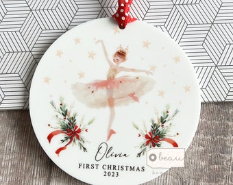 Personalised Baby Babies Baby’s First Christmas Gift Girl Newborn Nutcracker Ballerina Design Ceramic Round Ornament Keepsake